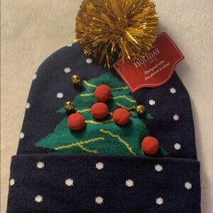 NWT Holiday Time  Women's Navy Blue Holiday Knit Beanie One Size